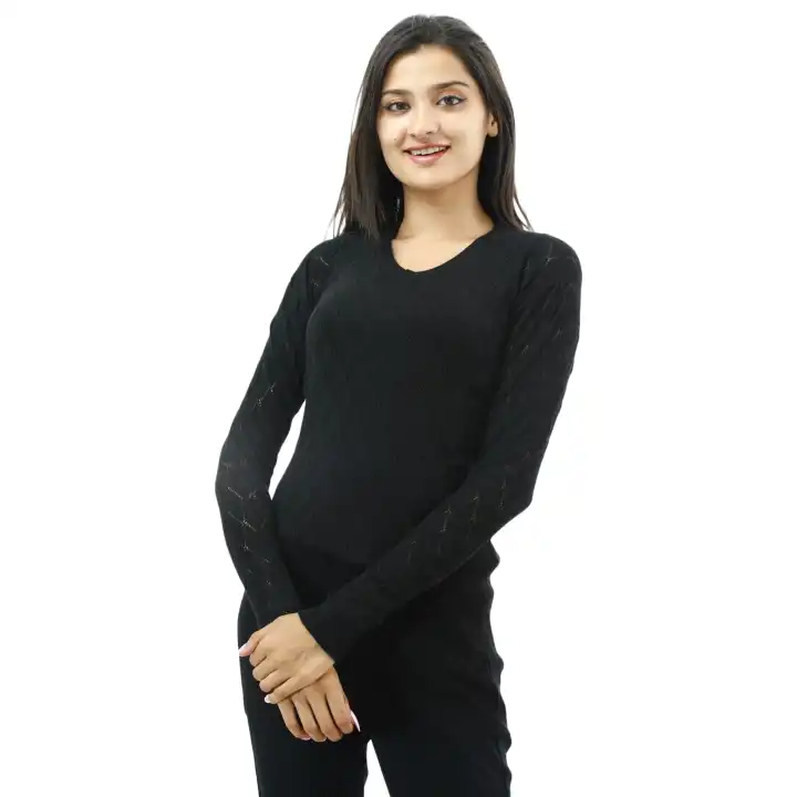 Black Cotton Round Neck Full Sleeve T-shirt For Women