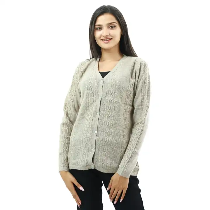 Creamy V-neck Full Sleeve Front Button Design Sweater For Women