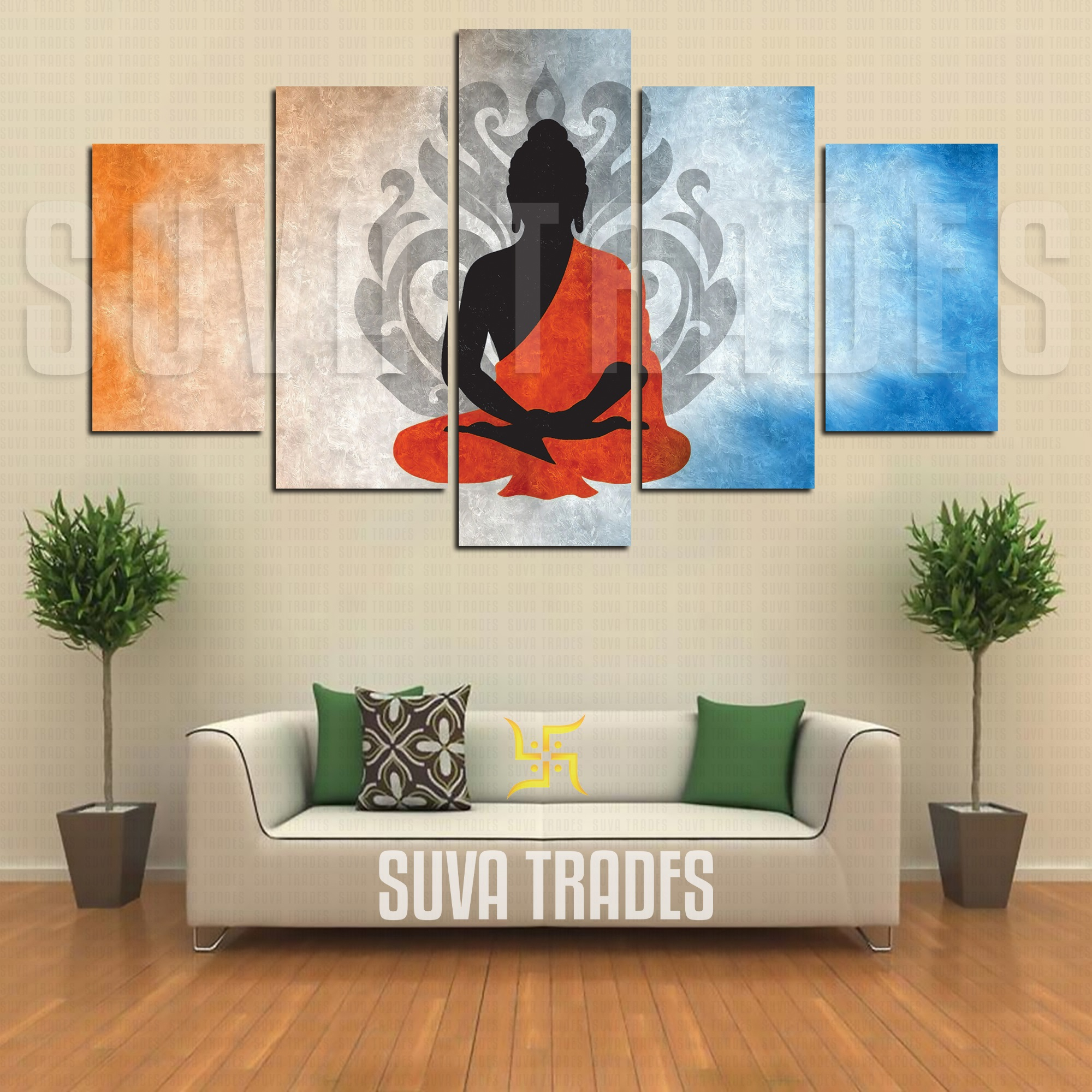 5 Buddha Trace God Wall Hang Canvas Print With Wooden Frame by Suva Trades