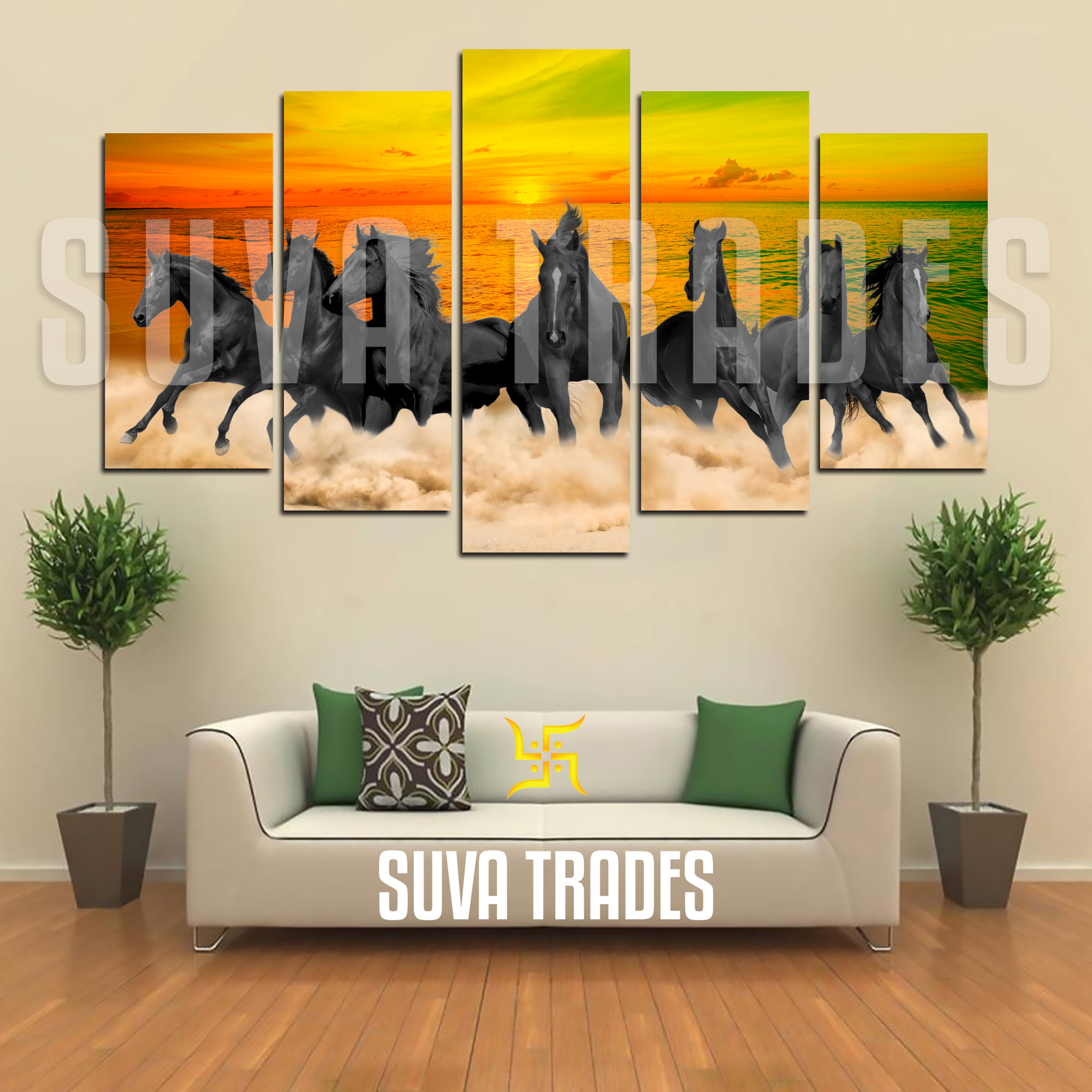 5 Piece Panel 7 Black Real Horse Wall Hang Animal Canvas Art Print with Frame by Om Suva Trades