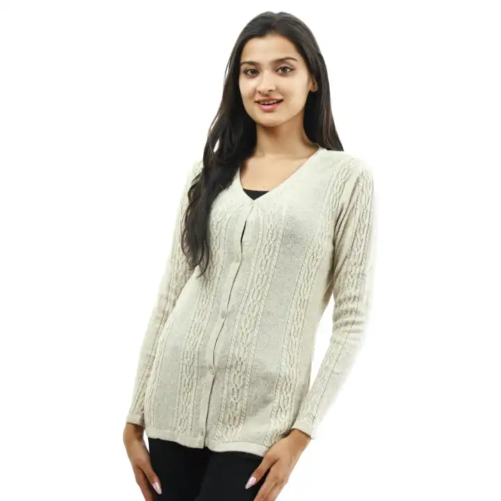 Off White Woolen Full Sleeve Front Button Design Sweater For Women