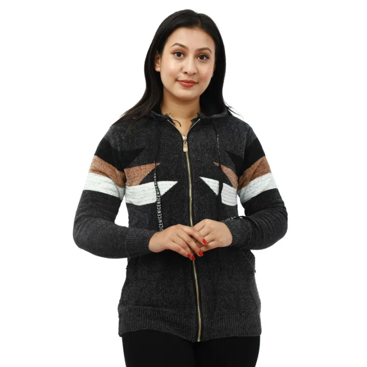 Grey Woolen Front Zippered Design Jacket With Skirt Set For Women