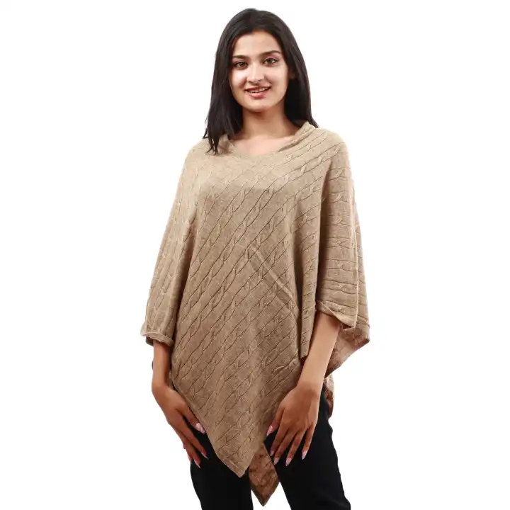Creamy Woolen V-neck Pancho For Women