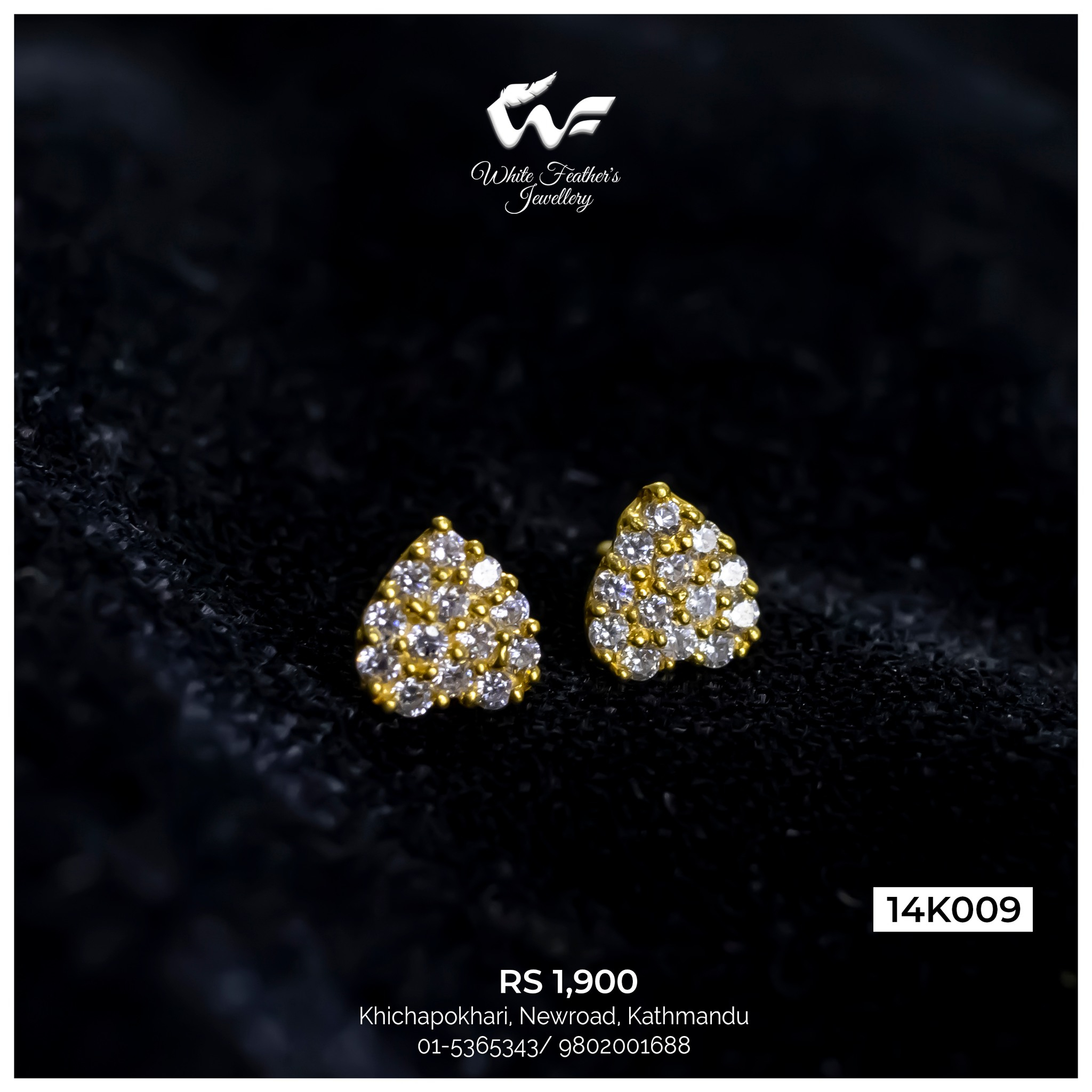 White Feathers 14KT Gold Eartop "14K009" for Women