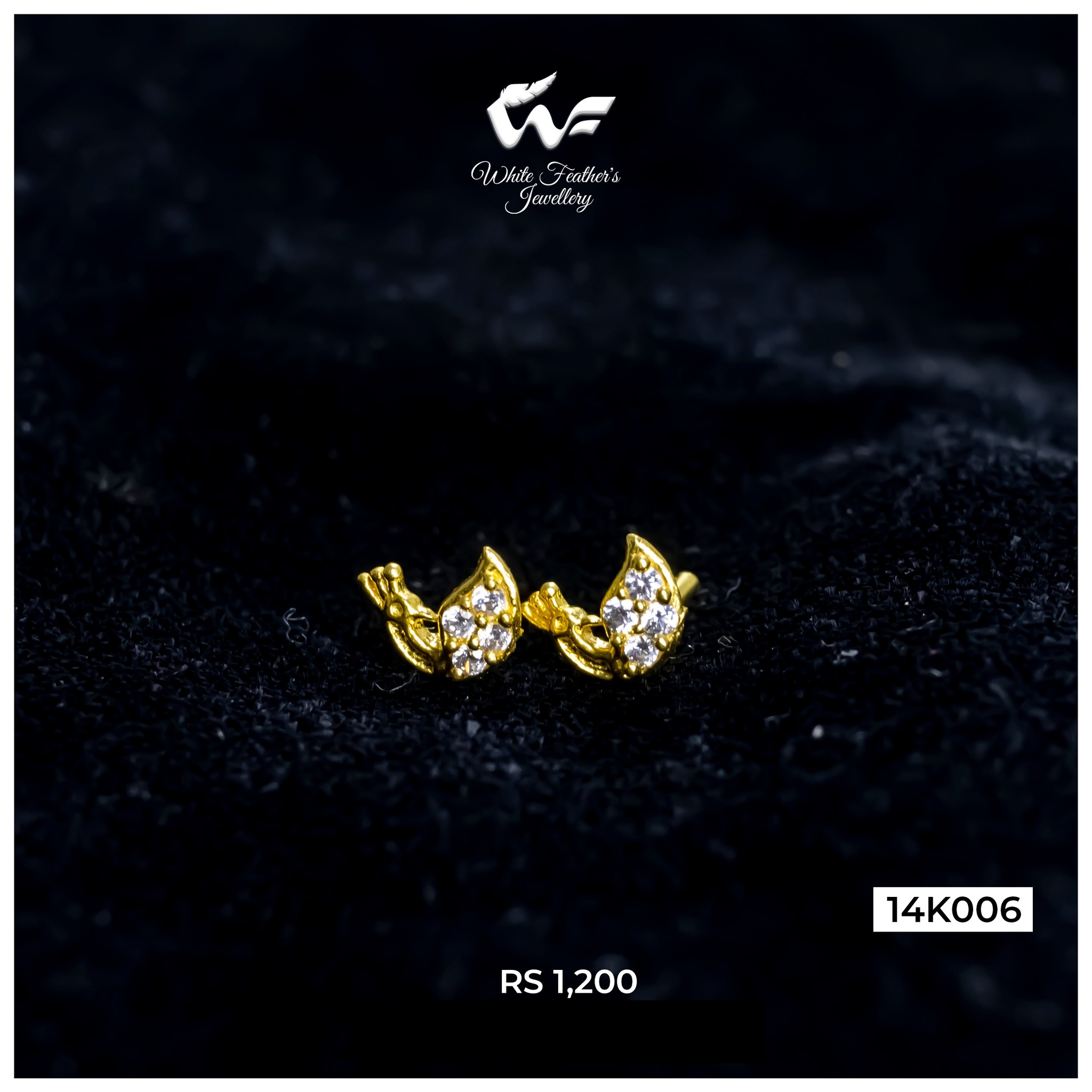 White Feathers 14KT Gold Eartop "14K006" for Women
