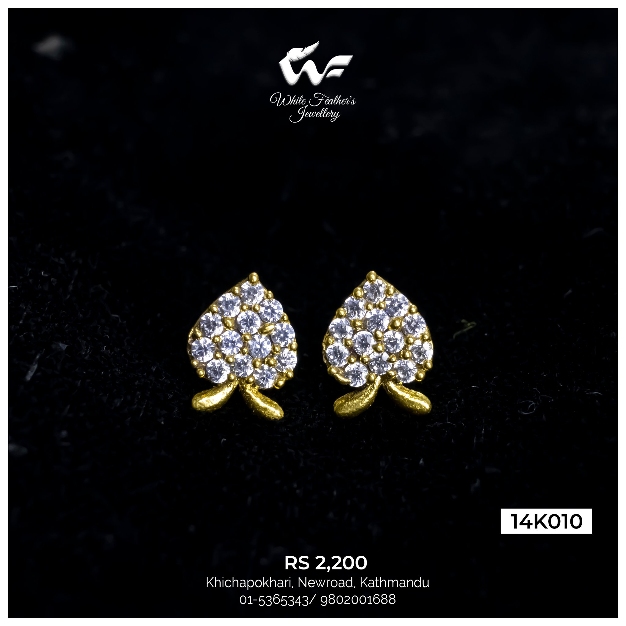 White Feathers 14KT Gold Eartop "14K010" For Women