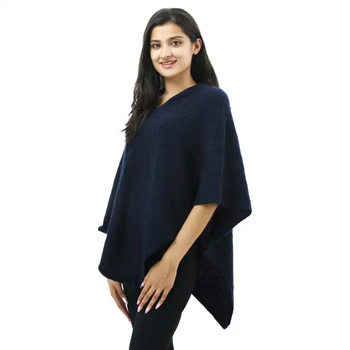 Blue Woolen V-neck Pancho For Women