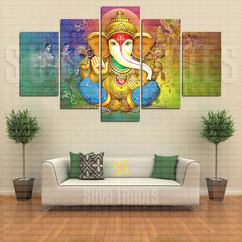 5 Panel Lord Ganesh H10 God Wall Hang Canvas Print With Wooden Frame by Suva Trades