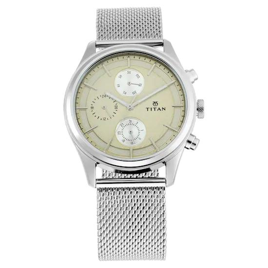 Titan Workwear Watch with Champagne Dial & Silver Metal Strap 1805SM01