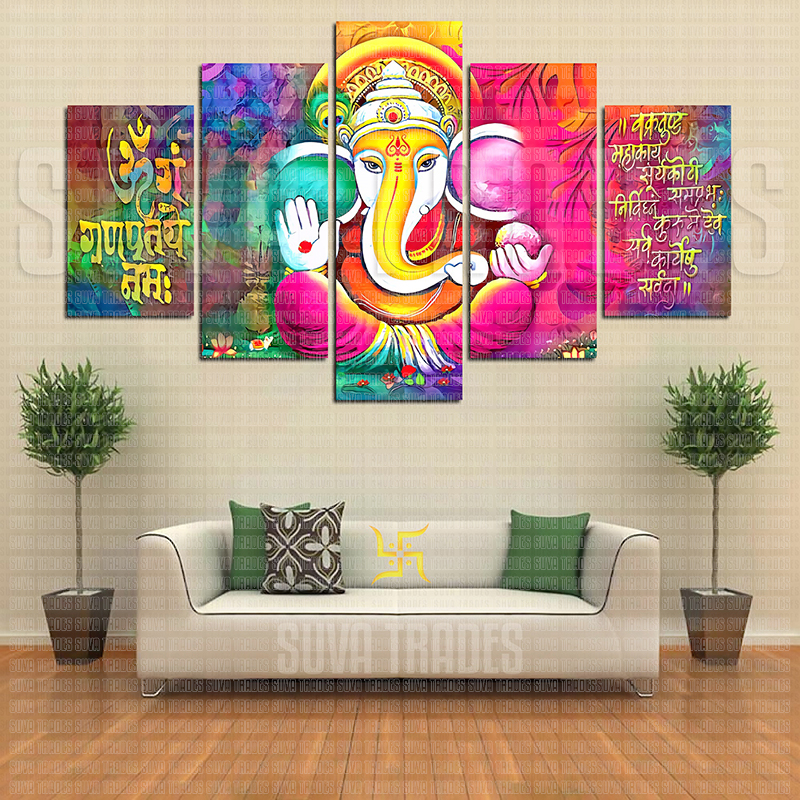 5 Panel Lord Ganesh H5 God Wall Hang Canvas Print With Wooden Frame by Suva Trades