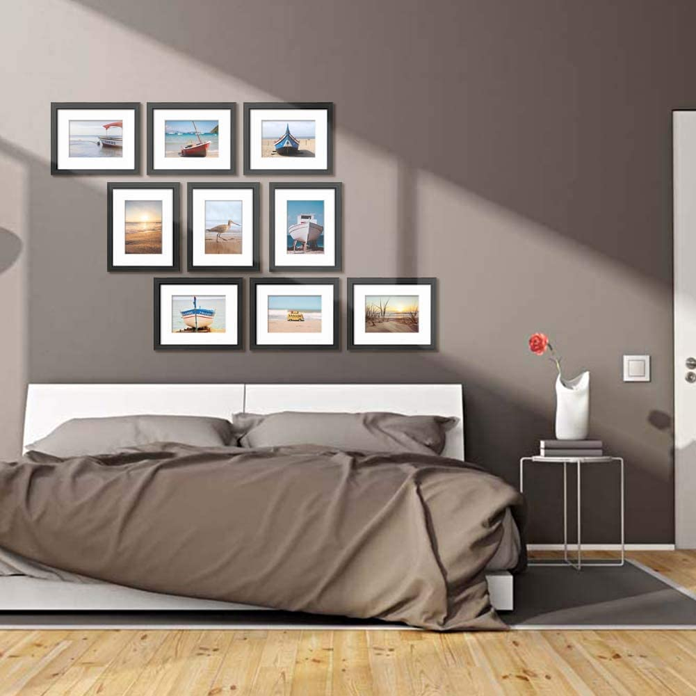 8x10 Picture Frame Set of 9, Made to Display Photos 5x7 with Mat or 8x10 Without Mat for Wall and Tabletop Black Frames