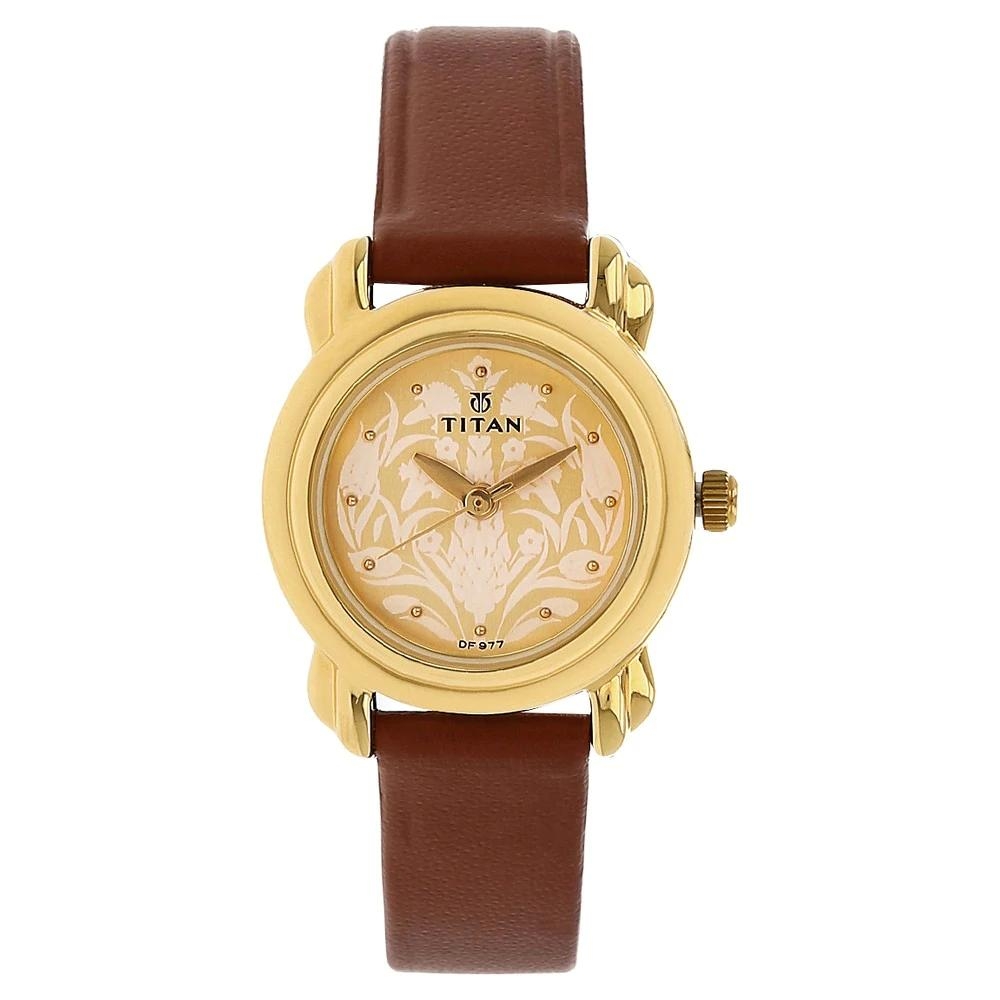Titan Beige Dial Brown Leather Strap Watch For Women 2534YL04