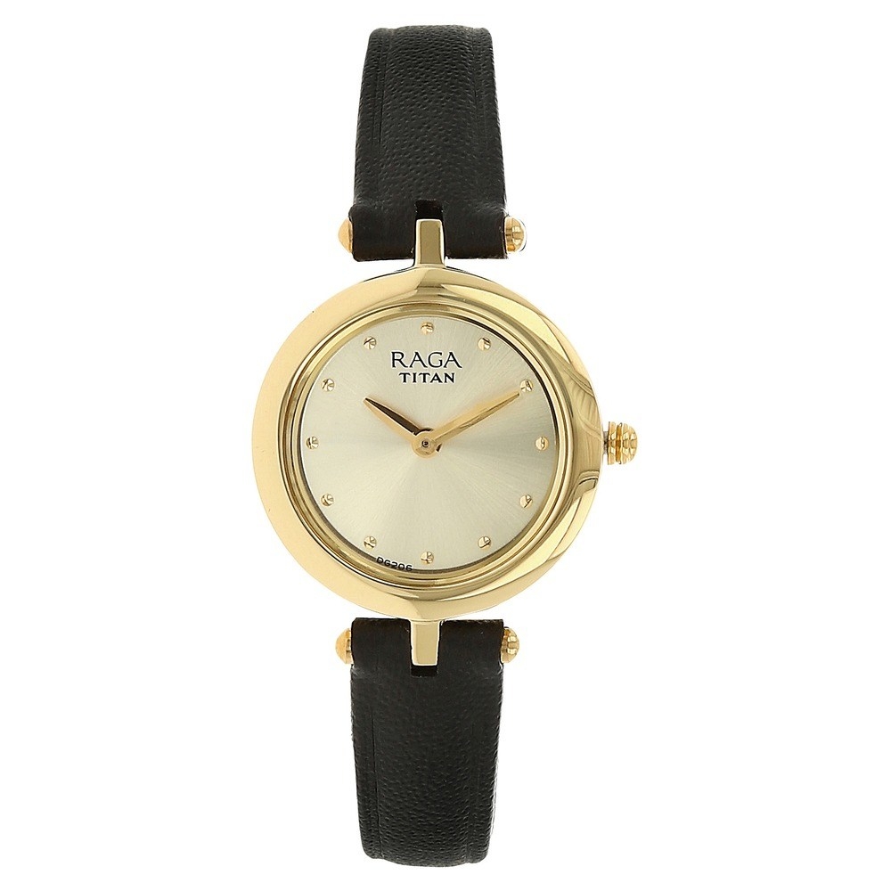 Titan Raga Champagne Dial Black Leather Strap Watch For Women 2553YL01