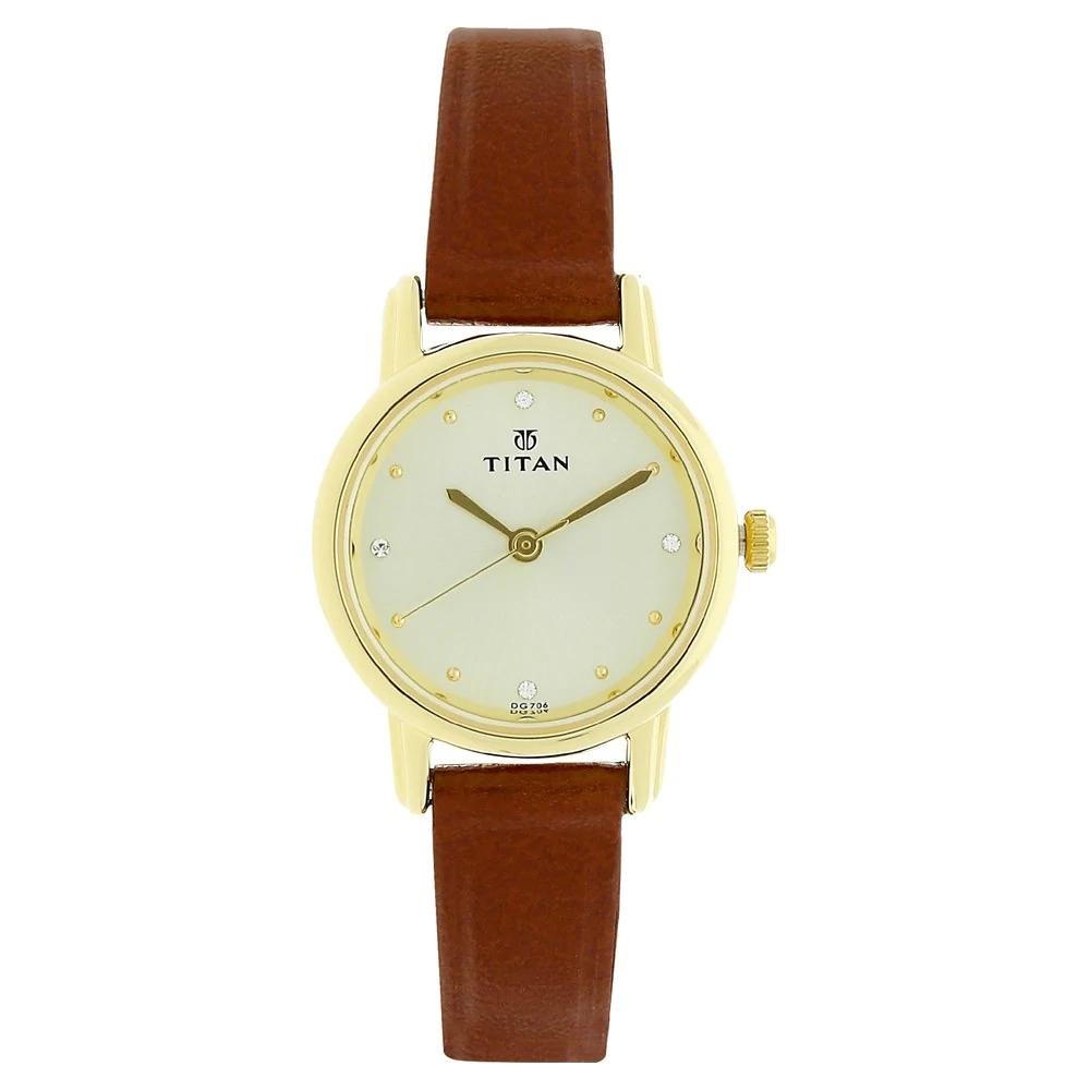 Titan Champagne Dial Brown Leather Strap Watch For Women 2572YL01