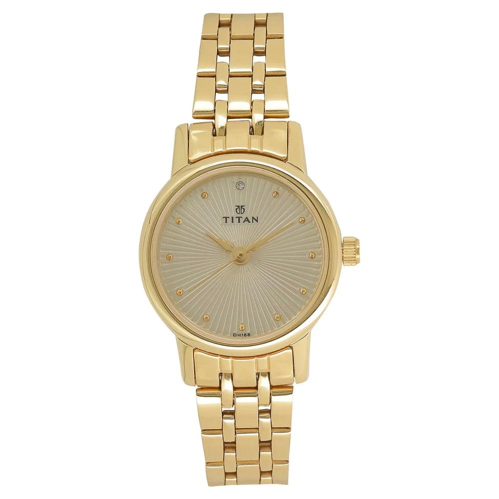 Titan Champagne Dial Golden Stainless Steel Strap Watch For Women 2593YM01