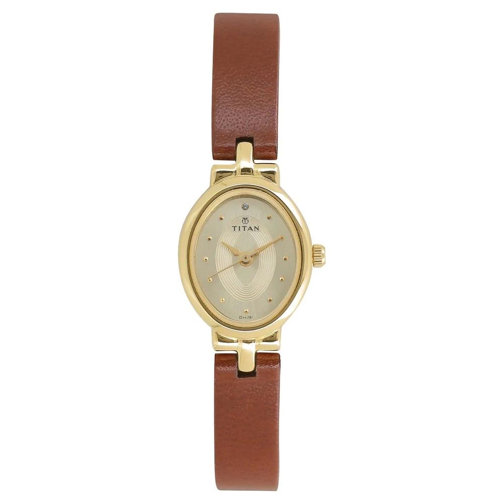 Titan Champagne Dial Brown Leather Strap Watch For Women 2594YL01