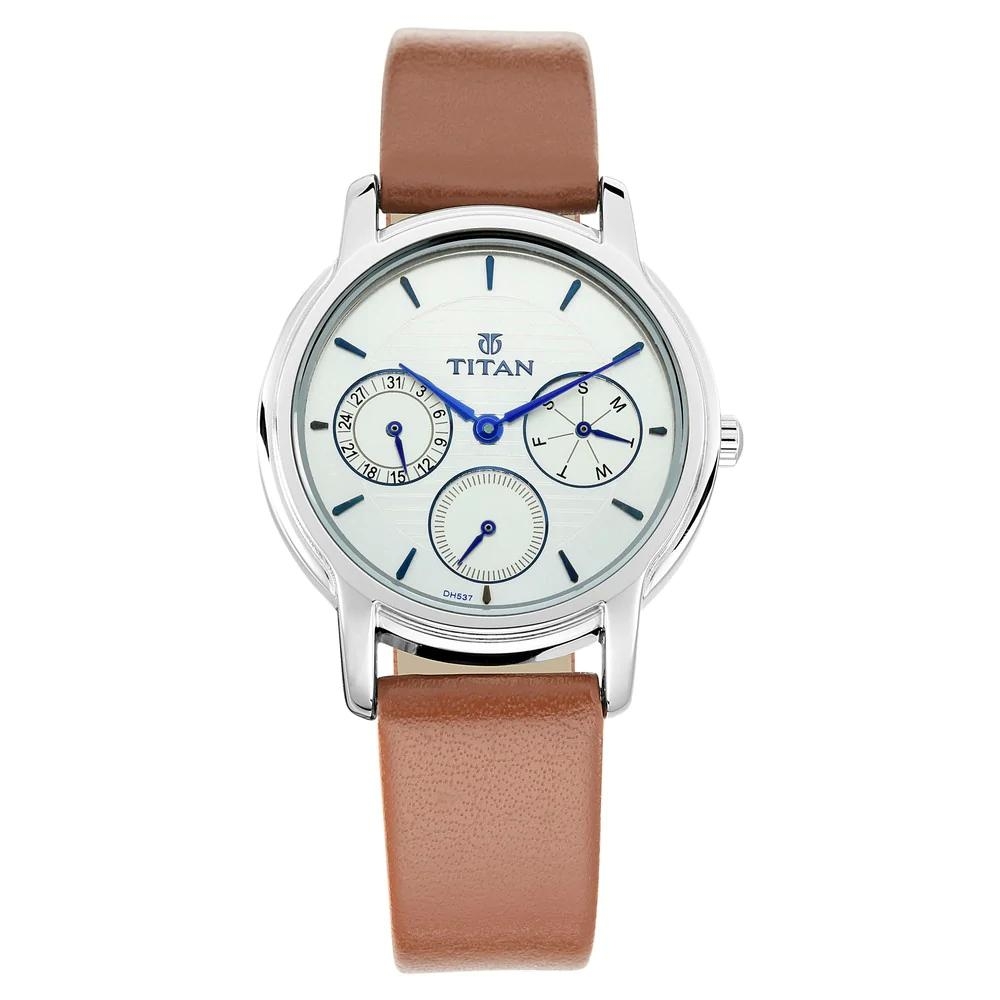Titan Workwear Watch with White Dial & Leather Strap For Women 2595SL01