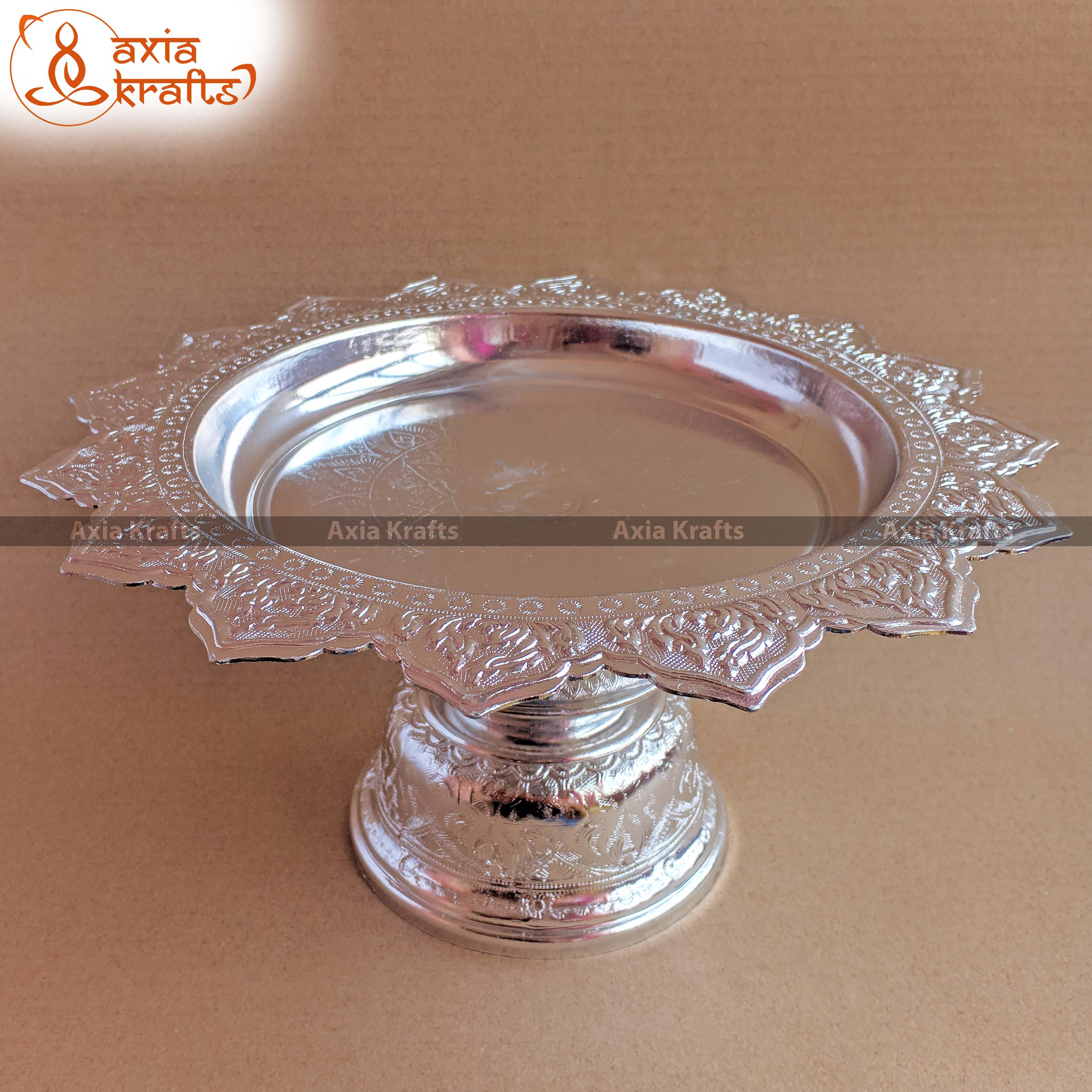 Axia Krafts 26Cm. Thai Sliver Coated Aluminium Traditional Style Tray With Pedestal For Worship(Tika Thali)
