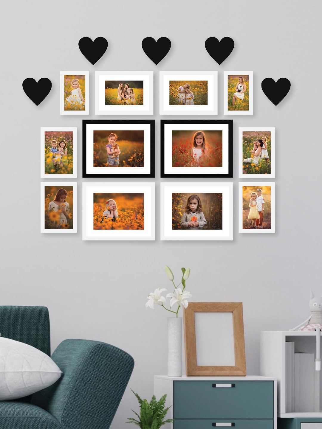 Wall Decor Frames Set of 12 With 5 Black Heart