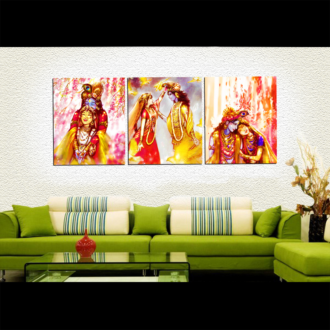 3 Piece Panel Radha Krishna Love God Canvas Art on Vinyl Forex Print with Frame by Om Suva Trades