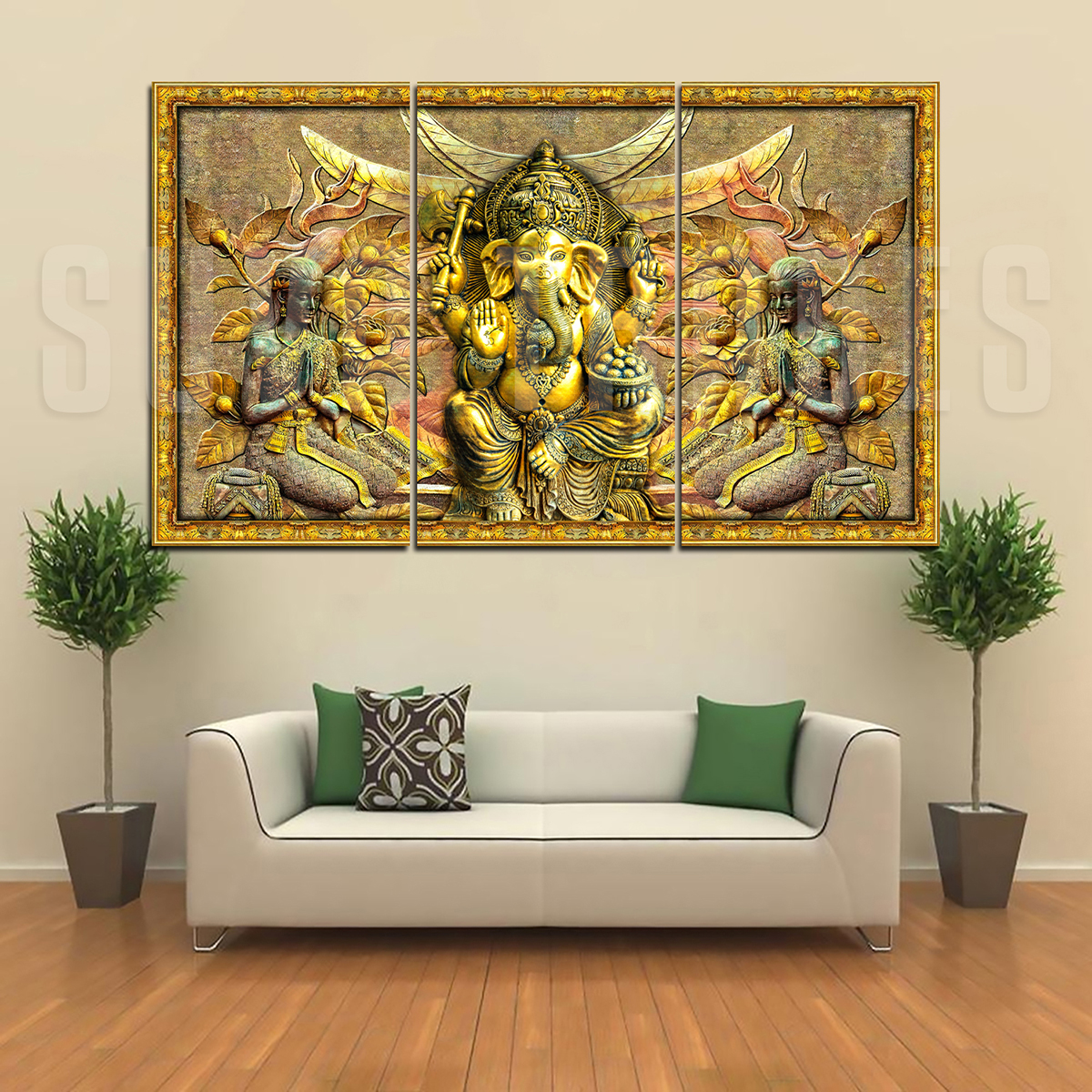 3 Piece Panel Golden Ganesh Wall Hang God Canvas Art with Frame by Om Suva Trades