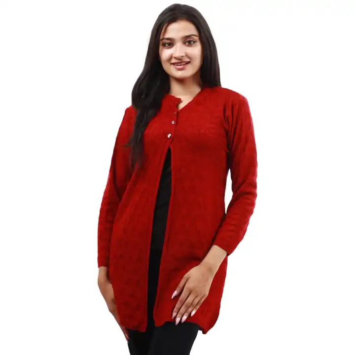 Red Woolen Full Sleeve Front Button Design Sweater For Women