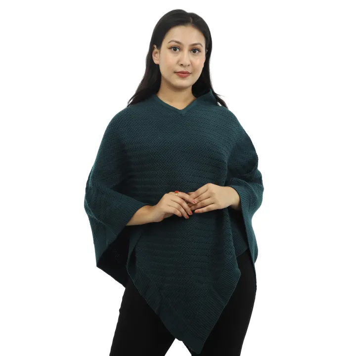V_neck Woolen Poncho In Reverse Design For Women