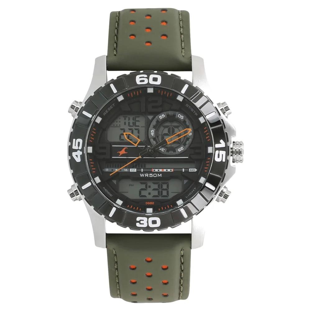 Fastrack Orange Dial Green Leather Strap Watch For Guys 38035SL03