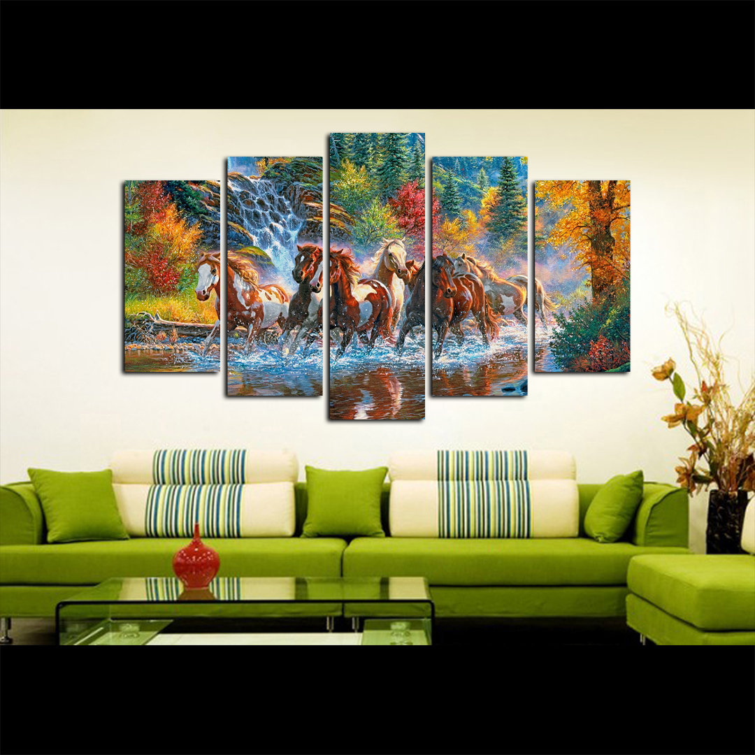 5 Piece Panel 7 Colorful Horse Wall Hang Animal Canvas Art on Vinyl Forex Print with Frame by Om Suva Trades