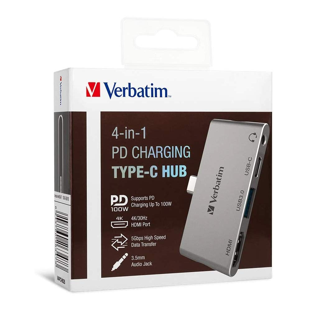 Verbatim 66347 4 in1 Type C Hub/Dock Station Adapter (USB 3.0) with HDMI, USB 3.0 Port, Type-C PD Port and 3.5mm Audio Port (Multiport Type C Hub)