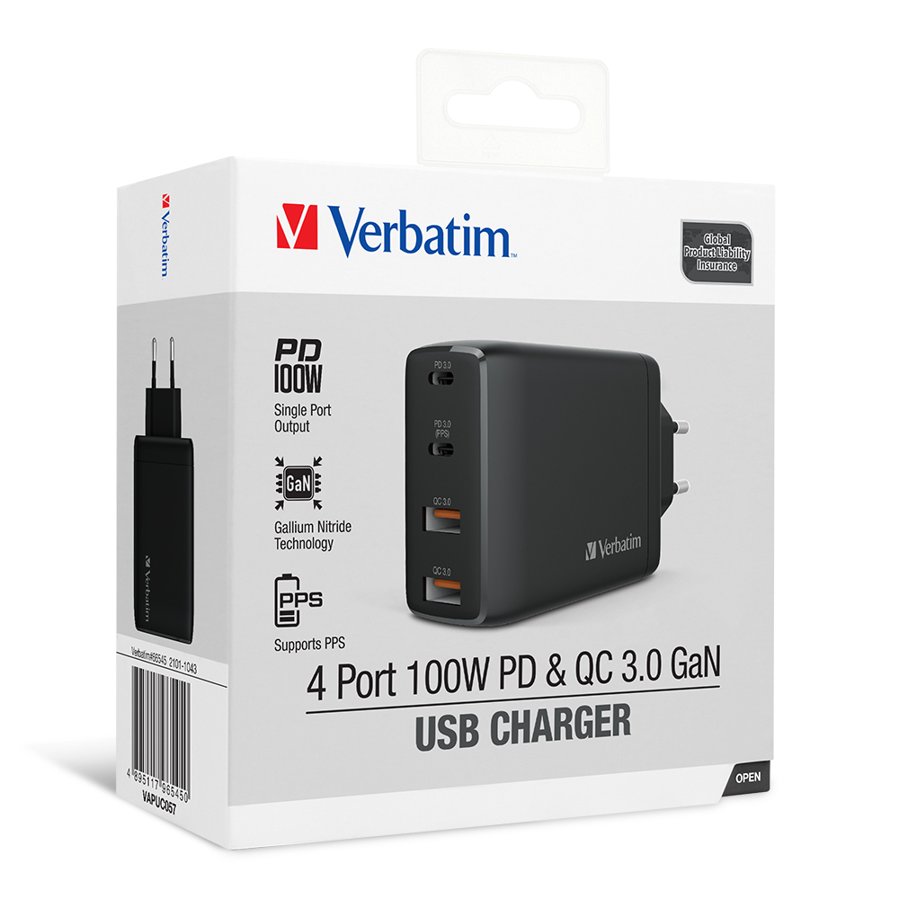 Verbatim 66545 4 Port 100W PD 3.0 & QC 3.0 GaN USB Charger