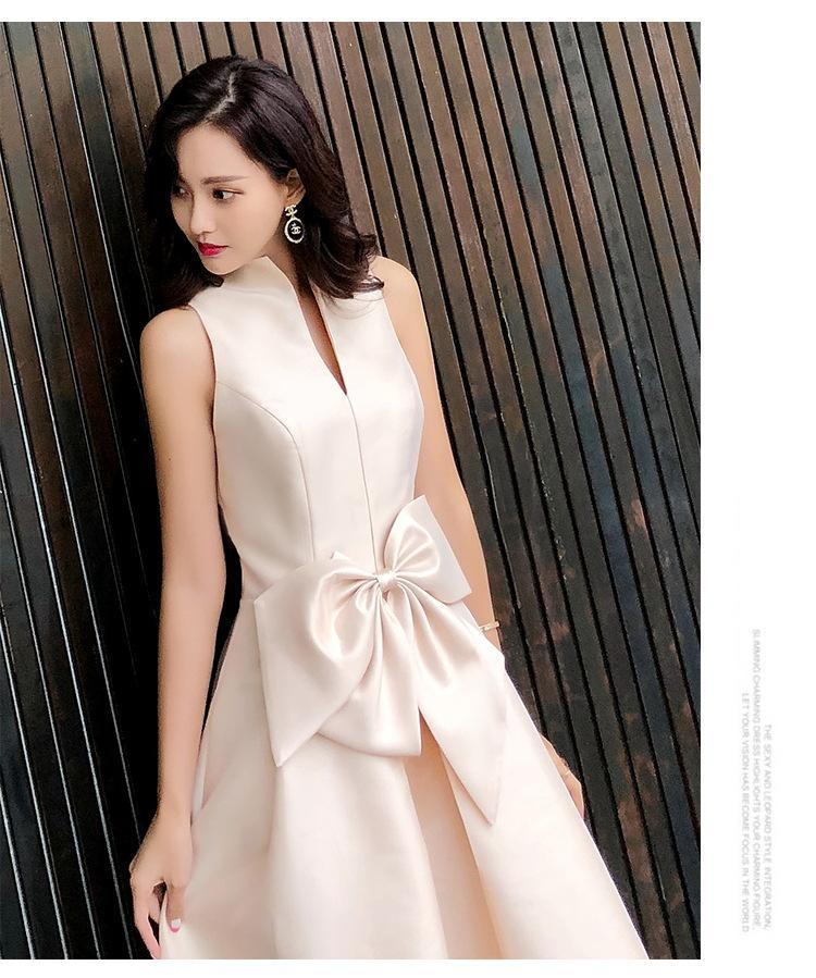 Chic Elegant Champagne Color Silk Bottle Neck Flare Sleeveless Short Party Dress Free Size 41000225