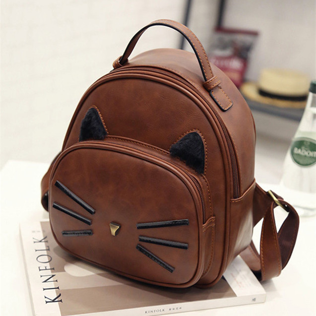 Girl Mini Faux Leather Cartoon Cat Pattern Backpack Travel Rucksack 41001753 