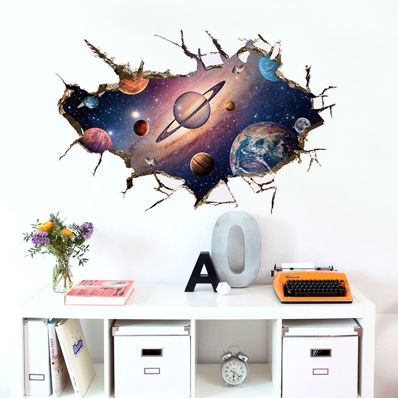 3D Cracked Wall Outer Space Stars Universe Wall Sticker for Kids Room