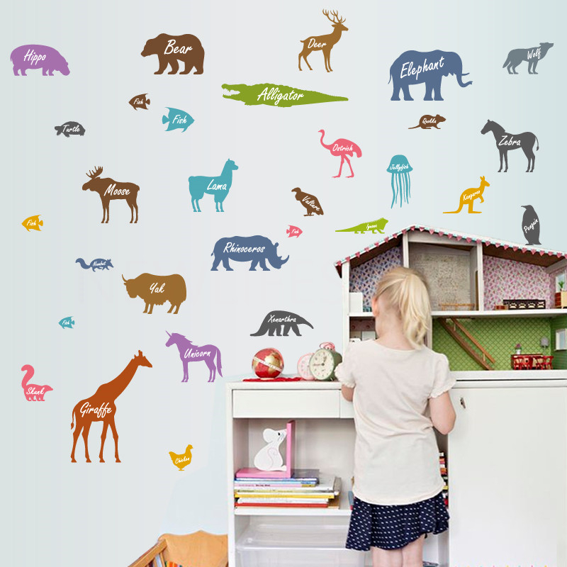 cartoon animals silhouette and English word kids wall sticker 43001311 