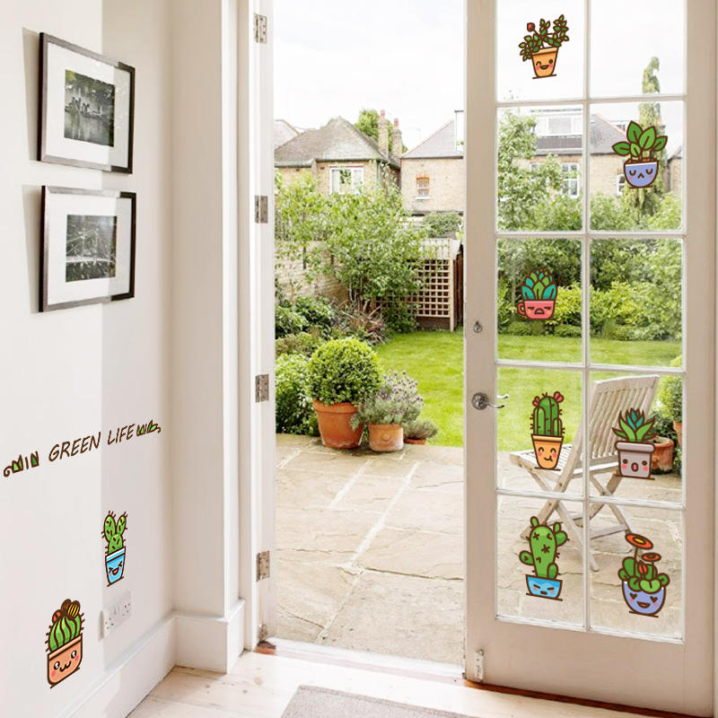 Cute Green Cactus Flower Pots Wall Stickers 43001316 