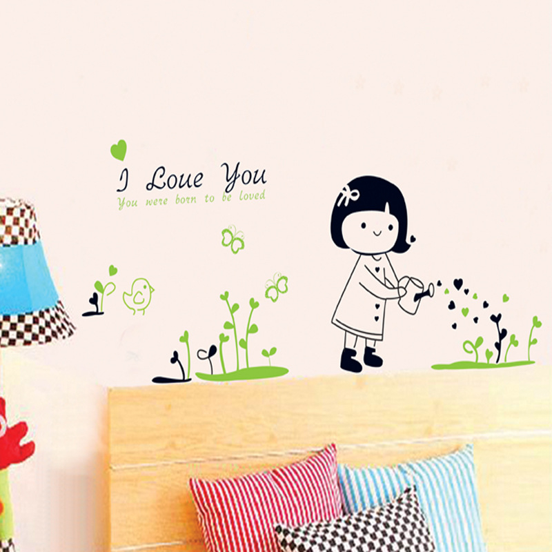 You Were Born To Be Loved Watering Flowers Cartoon Wall Stickers 43001339 