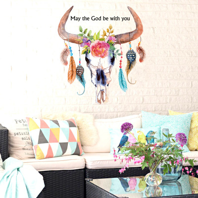 Cow Skull With Feathers Beads Flowers Leaves Wreath Wall Stickers 43001351