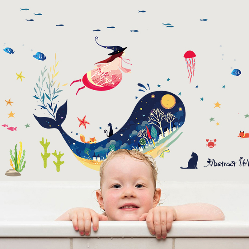 Ocean Cartoon Blue Whale Under the Sea Fishes Wall Stickers 43001364 