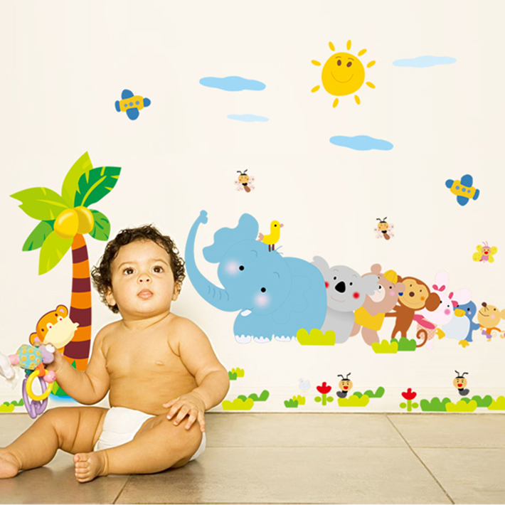 Elephant Bear Zebra Giraffe Wait For Bus Cute Animal City Removable Wall Sticker 43001371 