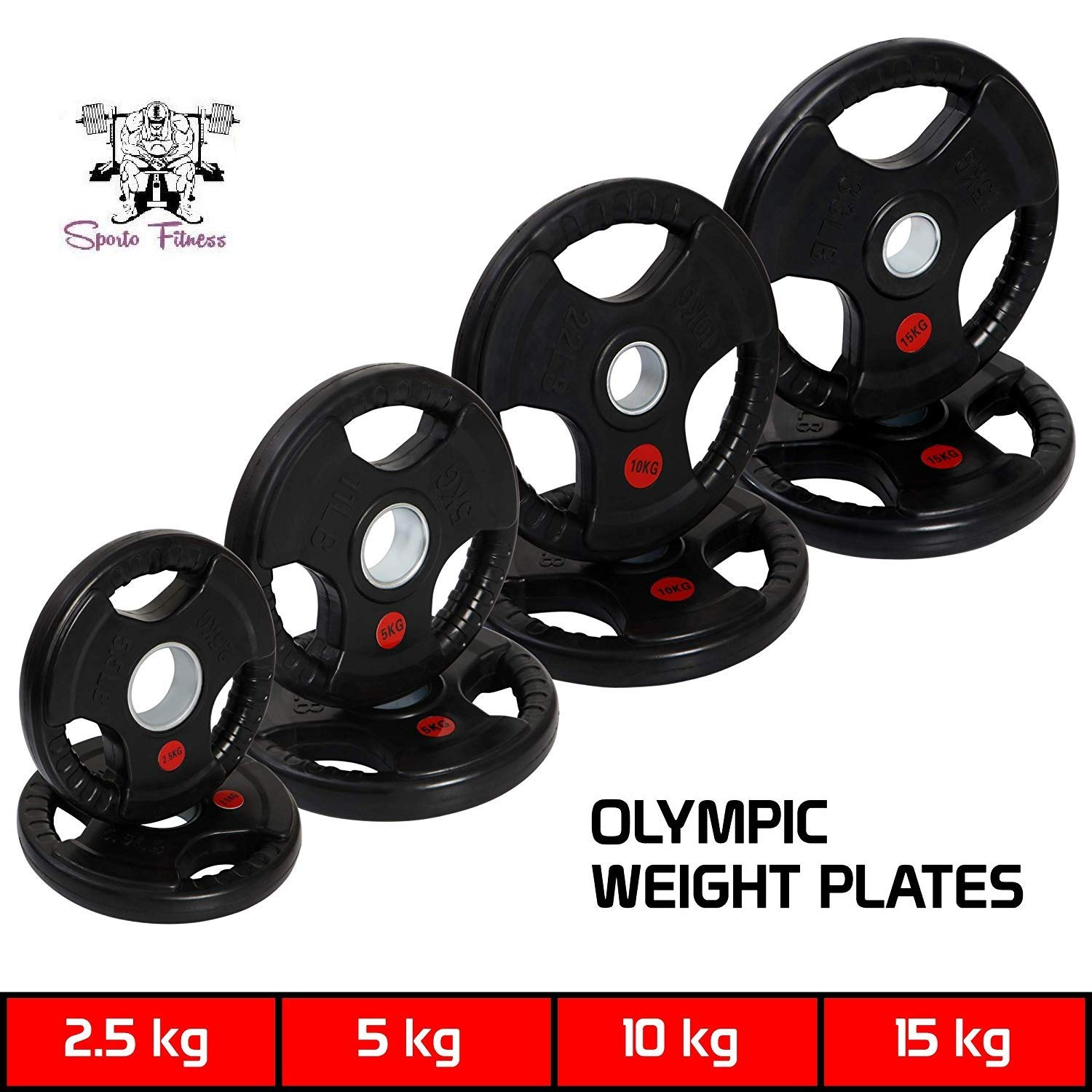 Olympic Plates 10 Kg Each Rubber Coated Tri-grip Plate 51 Mm Rubber Weight Plates ( 10 Kg X 2), 10 Kg (Black)