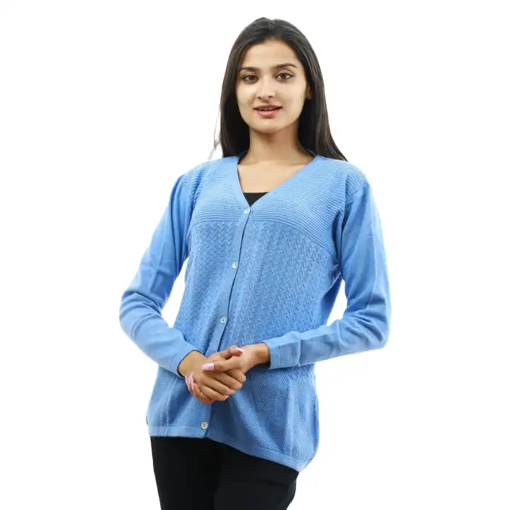 Sky Blue Woolen Full Sleeve Front Button Design Sweater For Women