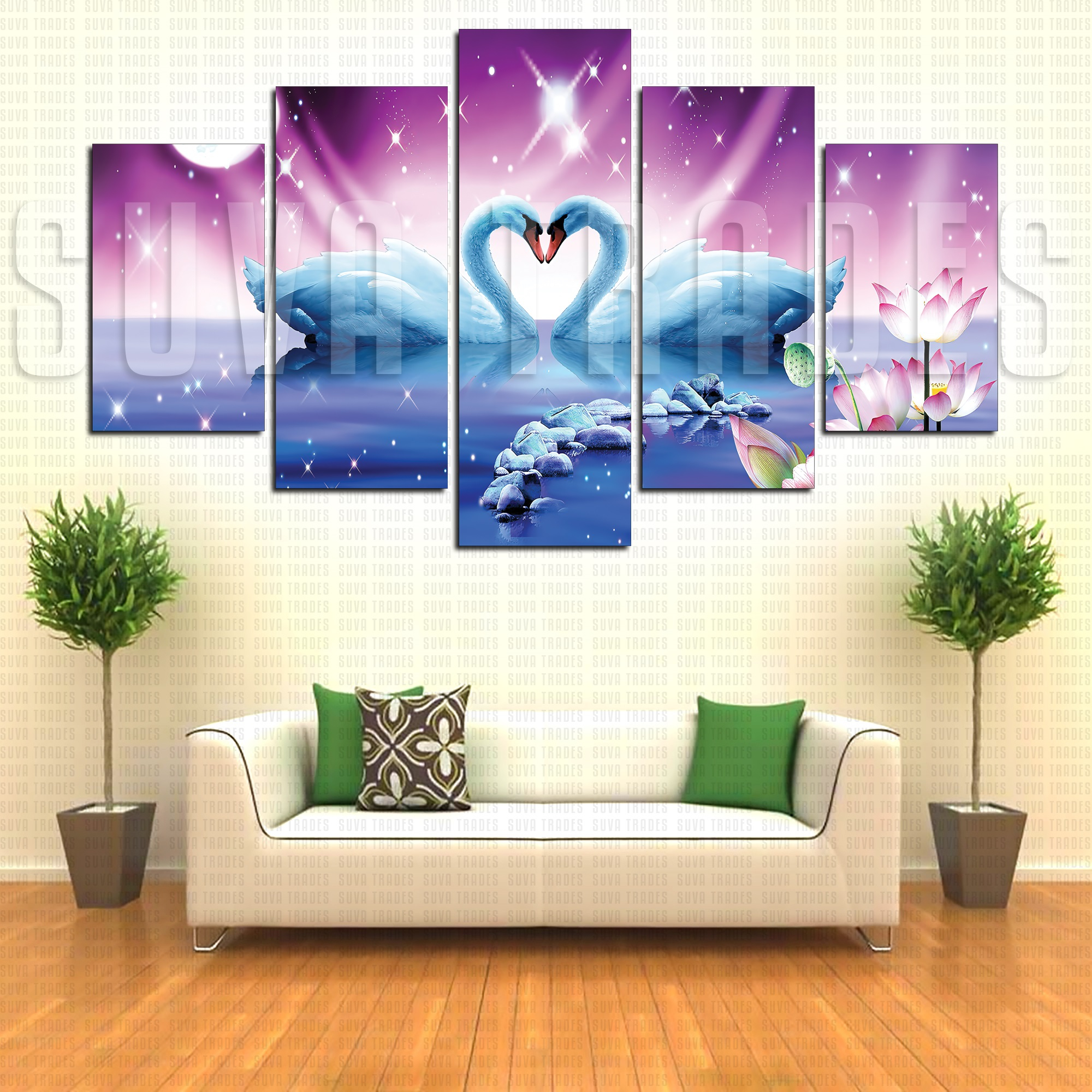 5 Panel Love Swan Wall Hang Animal / Birds Canvas Print With Wooden Frame by Suva Trades