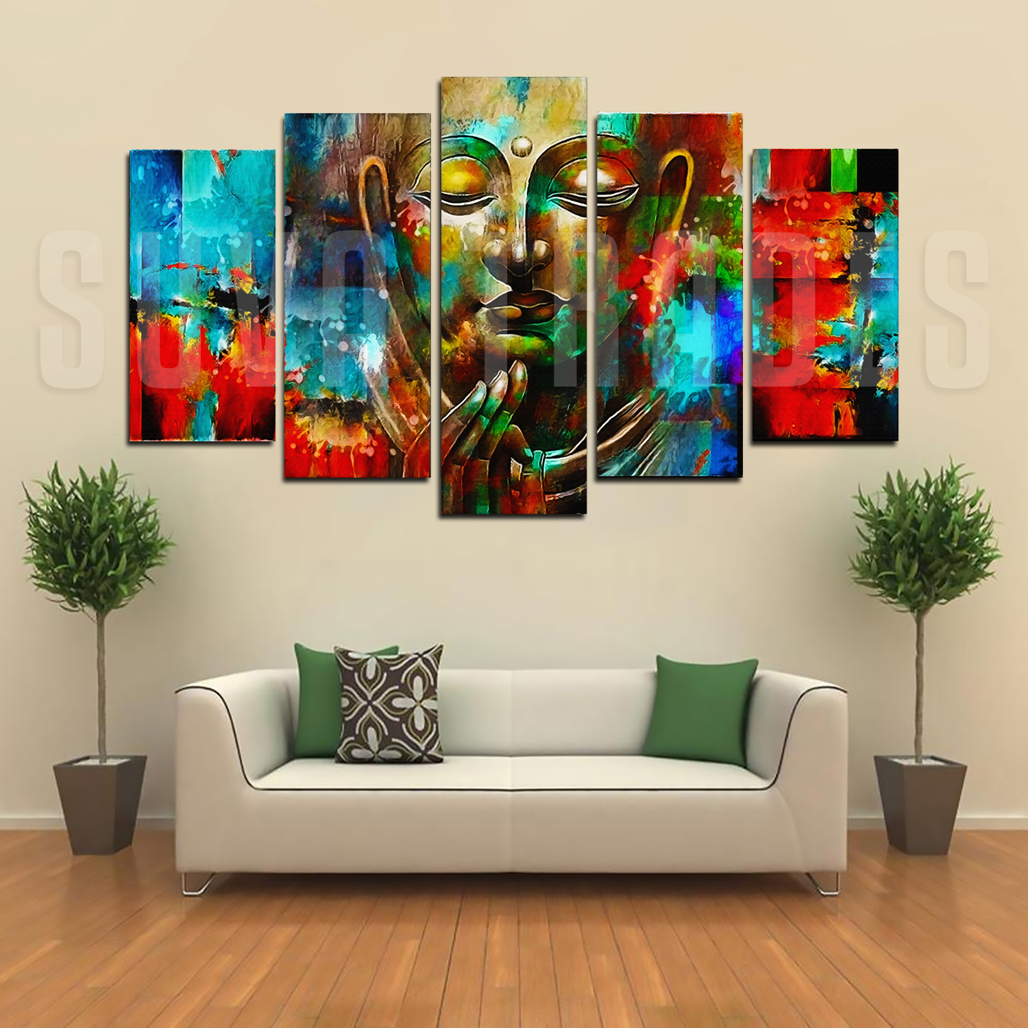5 Piece Panel Abstract Buddha Wall Hang God Canvas Art on Vinyl Forex Print with Frame by Om Suva Trades