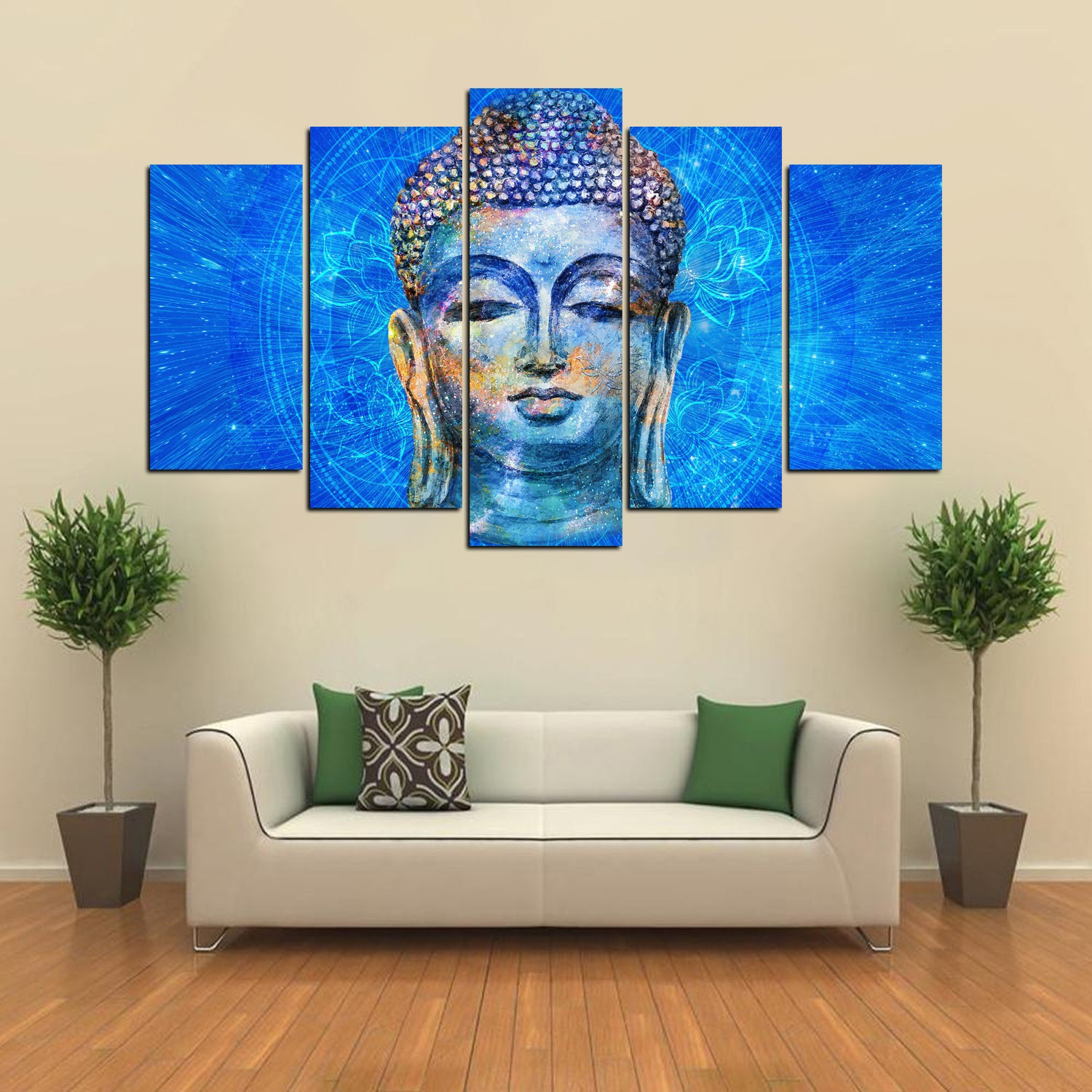 5 Piece Panel Retro Blue Abstract Buddha Wall Hang God Canvas Art on Vinyl Forex Print with Frame by Om Suva Trades