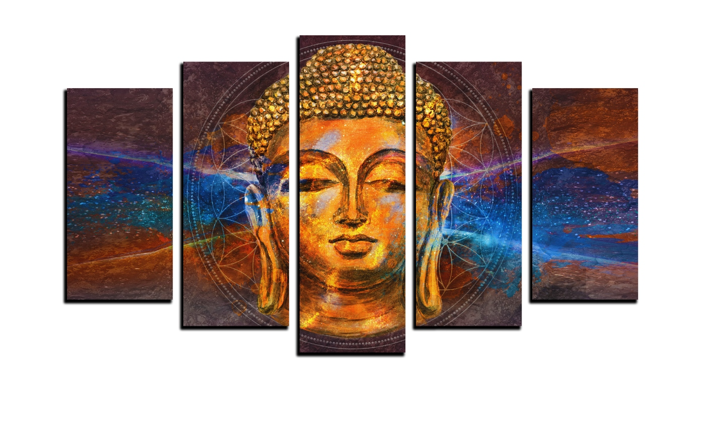 5 Piece Panel Retro Brown Abstract Buddha Wall Hang God Canvas Art on Vinyl Forex Print with Frame by Om Suva Trades