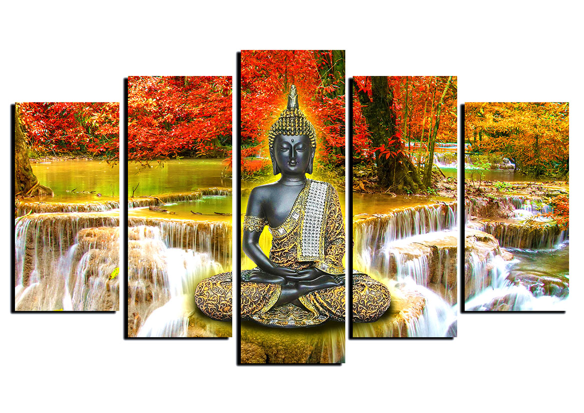 5 Piece Panel Meditation Buddha Wall Hang God Canvas Art on Vinyl Forex Print with Frame by Om Suva Trades