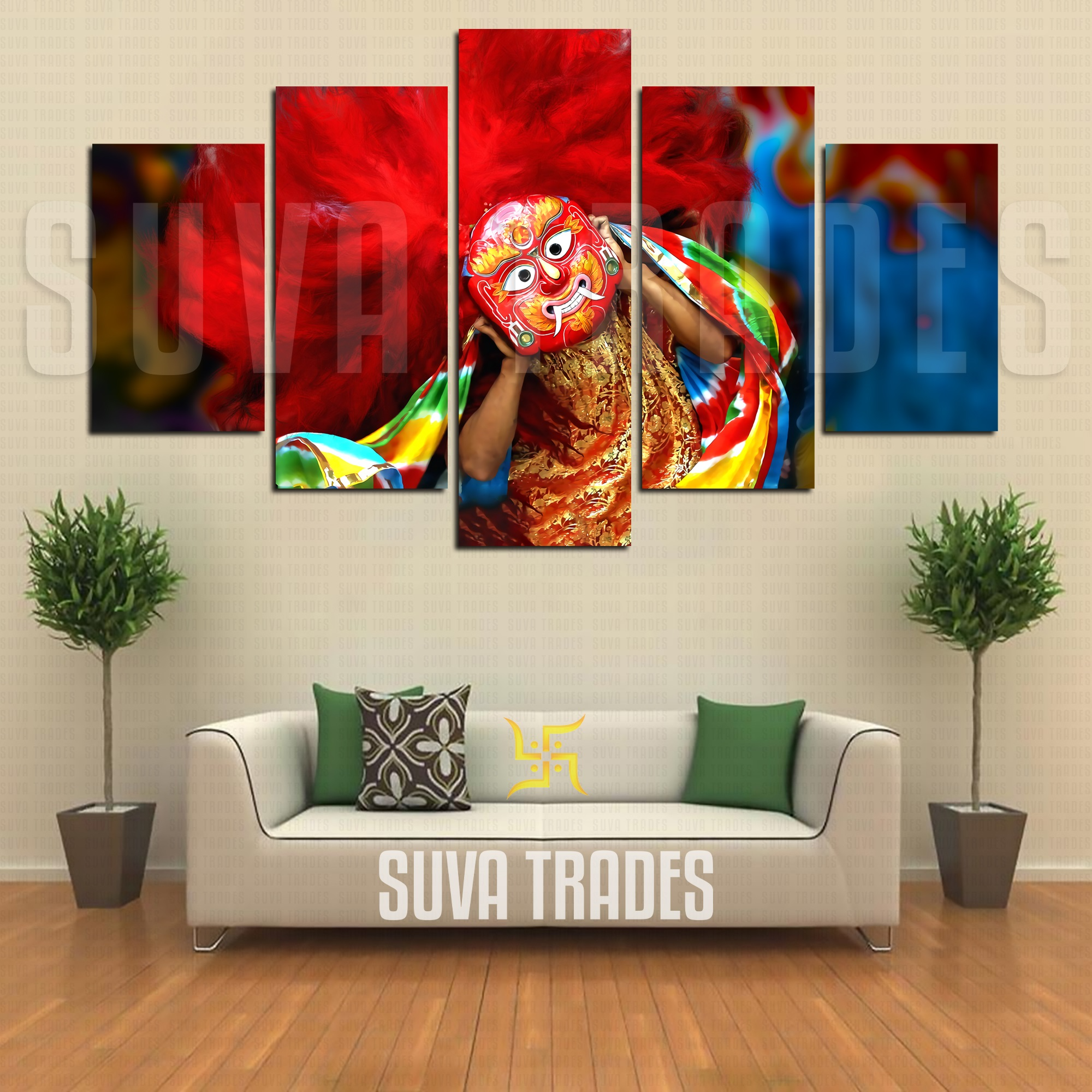 5 Panel Newari Majipa Lakhe Wall Hang Canvas Print With Wooden Frame by Suva Trades