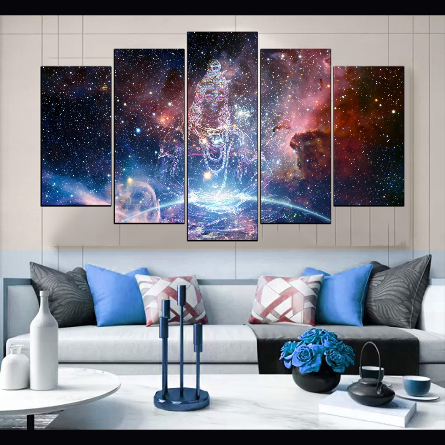5 Piece Panel Shiva Universe Wall Hang God Canvas Art on Vinyl Forex Print with Frame by Om Suva Trades