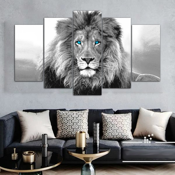 5 Piece Panel Blue Eyes B/W Lion Wall Hang Animal Canvas Art on Vinyl Forex Print with Frame by Om Suva Trades